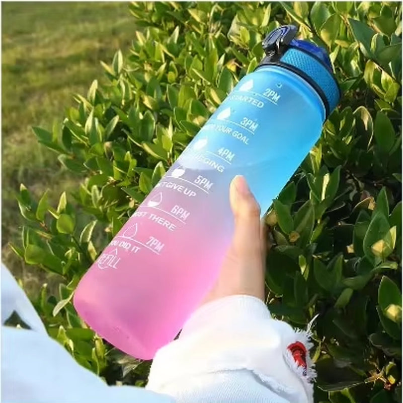 1Pc 1000Ml Large Capacity Gradient Water Bottle,Water Bottle with Straw 1 Litre Leakproof with Time Marker,For Sports Fitness