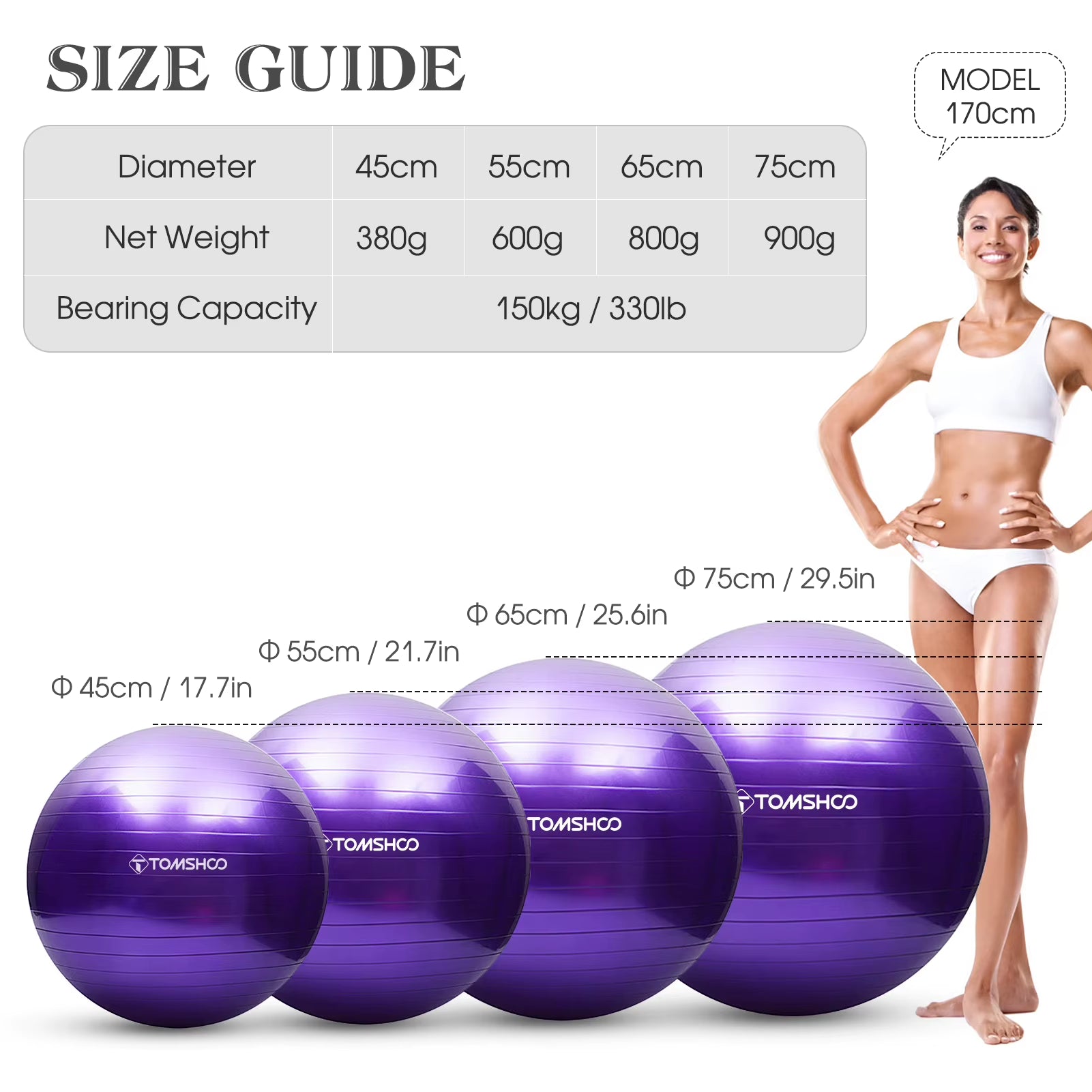 TOMSHOO 65Cm/75Cm Anti-Burst Yoga Ball Stability Balance Ball Pilates Barre Physical Fitness Exercise Ball with Air Pump