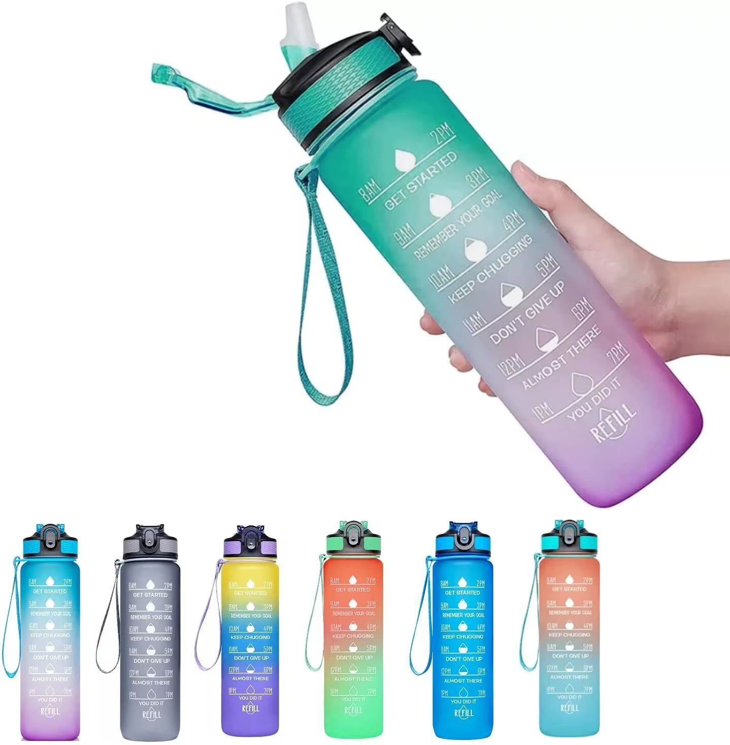 1Pc 1000Ml Large Capacity Gradient Water Bottle,Water Bottle with Straw 1 Litre Leakproof with Time Marker,For Sports Fitness