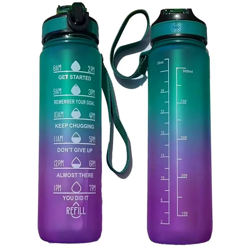 1Pc 1000Ml Large Capacity Gradient Water Bottle,Water Bottle with Straw 1 Litre Leakproof with Time Marker,For Sports Fitness